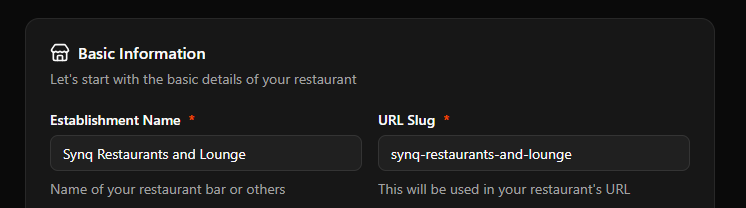 establishment setup slug subdomain 